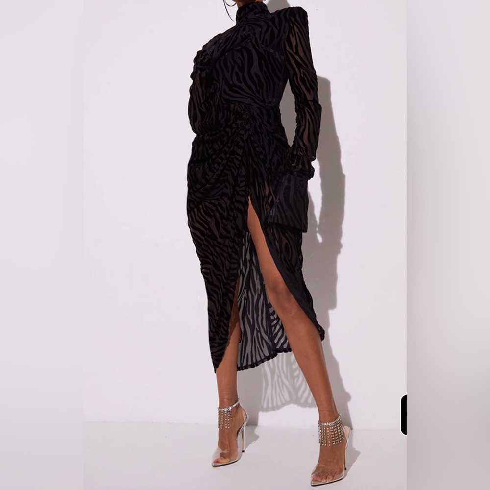 Black Zebra Devore High Neck Draped Midi Dress